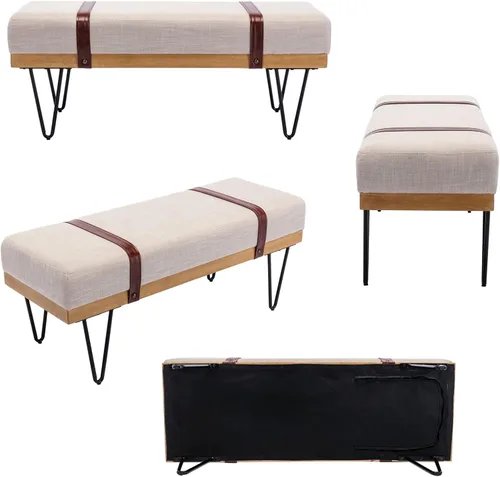 Miniatura 7 de DUOMAY Banco otomano rectangular de lino moderno industrial con correa de poliuretano y patas de metal, mesa de comedor de mediados de siglo, Beige