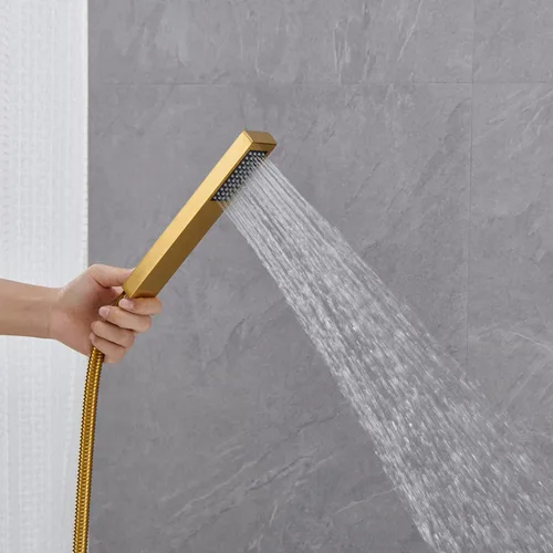 Miniatura 6 de Wowkk Grifo de bañera independiente, relleno de bañera de oro cepillado, montaje en piso, grifos de baño de latón con una sola manija con ducha