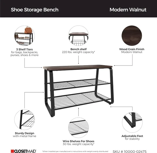 Miniatura 4 de ClosetMaid Zapatero de 3 niveles, marco de metal, estantes de alambre, asiento de madera, entrada, pasillo, sala de estar, organizador de vestíbulo