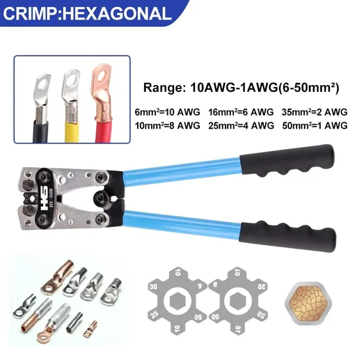 Miniatura 2 de HKS Herramienta de prensado de cable de batería para terminales de anillo de cobre AWG 10-1, crimpadora resistente para terminales de alambre