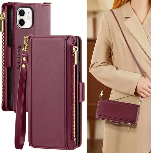 Miniatura 19 de Antsturdy Funda tipo cartera compatible con iPhone 11, piel sintética, con bloqueo RFID, funda cruzada para teléfono para mujeres y hombres