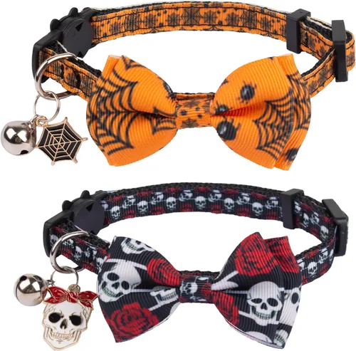 ADOGGYGO Collares de gato de Halloween con campana de lazo, collar de moño para gatito, tela de araña, calavera, collares de Halloween para niñas,