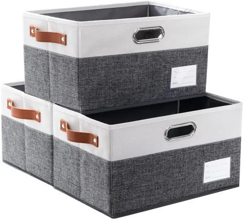 Miniatura 26 de PRANDOM Contenedores de almacenamiento plegables más grandes para clóset [5 unidades] cestas decorativas de tela de lino con asas de cuero y metal