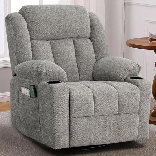 Ketaiyou - Silla reclinable giratoria para adultos, sillón deslizante manual grande y acolchado con masaje y calor, cómodo sofá reclinable de tela