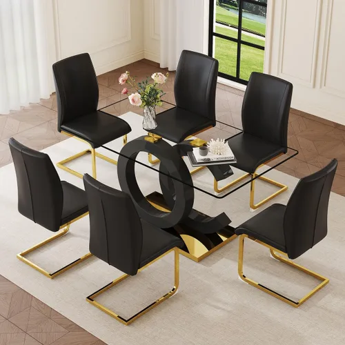 Miniatura 7 de Juego de mesa de comedor de cristal de 63 pulgadas para 6, juego de mesa de comedor moderno para 6, mesa de vidrio templado con patas negras