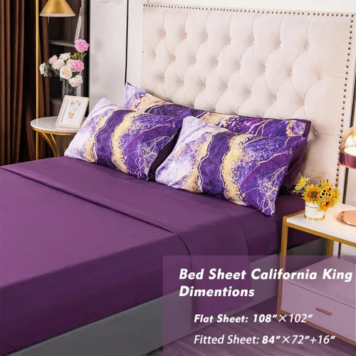 Miniatura 5 de PERFEMET Juego de edredón morado California King, 6 piezas con estampado de mármol colorido con sábanas, acuarela, ilustraciones abstractas, juego