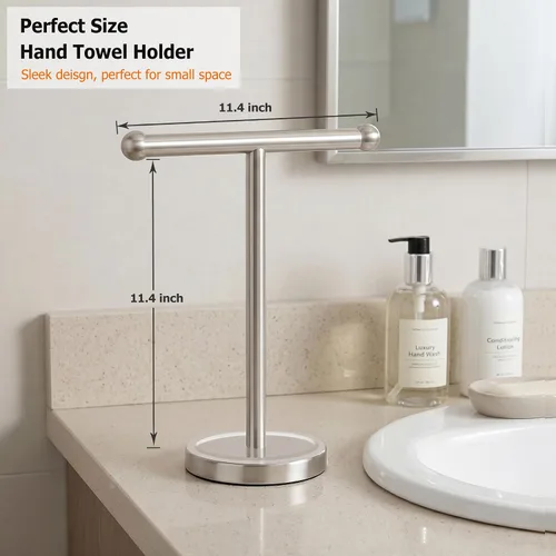Miniatura 7 de Toallero de mano dorado con base de acero inoxidable pesado, toallero en forma de T, toallero independiente para encimera para baño (oro cepillado)
