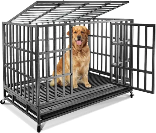 Miniatura 13 de Jaula indestructible para perros, 47 pulgadas, jaula para perros de alta ansiedad con bandejas extraíbles, ruedas y puerta doble, para perros