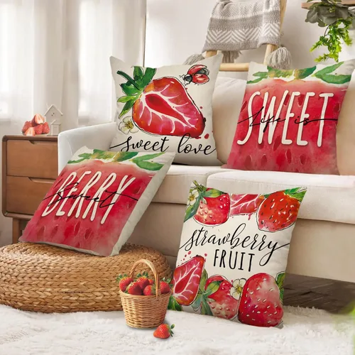 Miniatura 7 de Juego de 4 fundas de almohada decorativas de primavera y verano de fresa de 16 x 16 pulgadas, decoración de fundas de cojín de fruta roja dulce