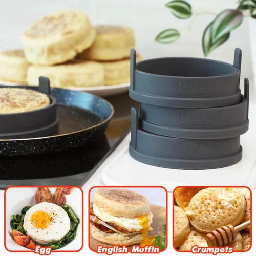 Miniatura 3 de Webake Anillos de silicona para muffins ingleses de 4 pulgadas, antiadherentes, tamaño estándar, anillos para huevos, sin BPA, juego de 4 Gris