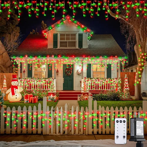 Miniatura 24 de JMEXSUSS 400 luces LED de Navidad de carámbano de 38.8 pies con control remoto, tira de luces multicolor para exteriores enchufables, 8 modos