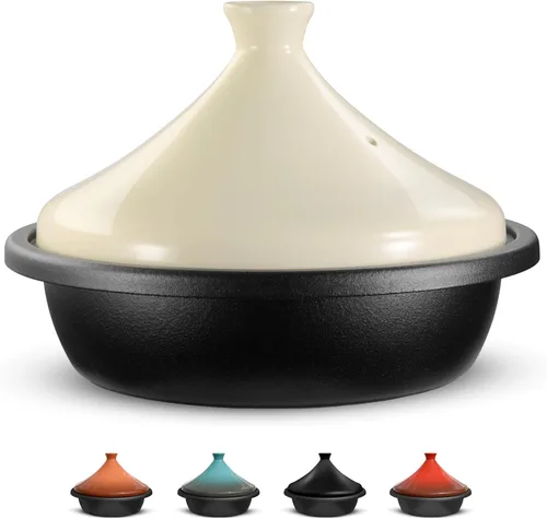 Miniatura 10 de Kook tajín marroquí, olla de cocina de hierro fundido esmaltada, tajín con tapa cerrada cónica de cerámica, 3.3 QT (Negro mate)