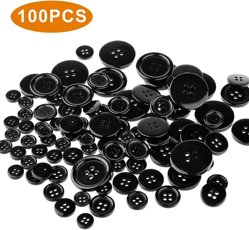 Miniatura 2 de ONEHERE - 100 botones de costura de resina mixta de alta calidad, botones ecológicos de 4 agujeros para manualidades, 5 tamaños de botones negros