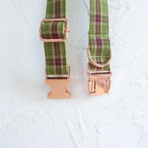 Miniatura 7 de PETDURO Collar de Perro a Cuadros Personalizado Verde Manzana - Nombre y Número de Teléfono Grabados en Hebilla de Metal Oro Rosa - Personalizado