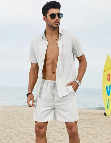 Miniatura 2 de COOFANDY Men 2 Piece Linen Set Casual Short Sleeve Shirt and Short Beach Set
