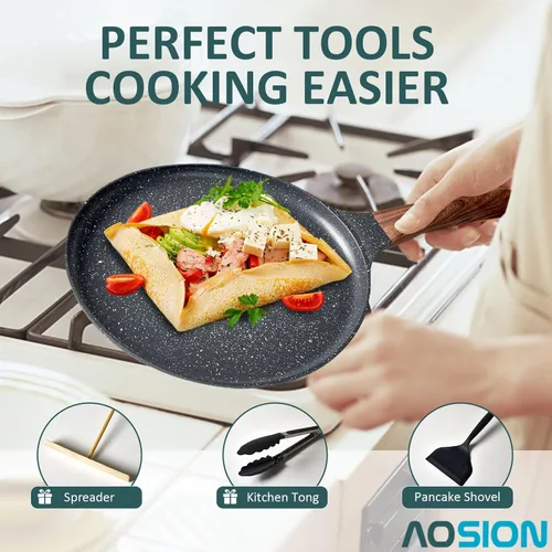 Miniatura 7 de AOSION Sartén antiadherente para crepas de 11 pulgadas, sartén para crepé de cerámica, sartén para tortillas para panqueques, tortillas, huevos