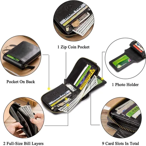 Miniatura 4 de BAIGIO Billetera de cuero genuino con cremallera alrededor de RFID bloqueo billetera plegable vintage multi tarjetero monedero, Negro -, Cartera Rfid