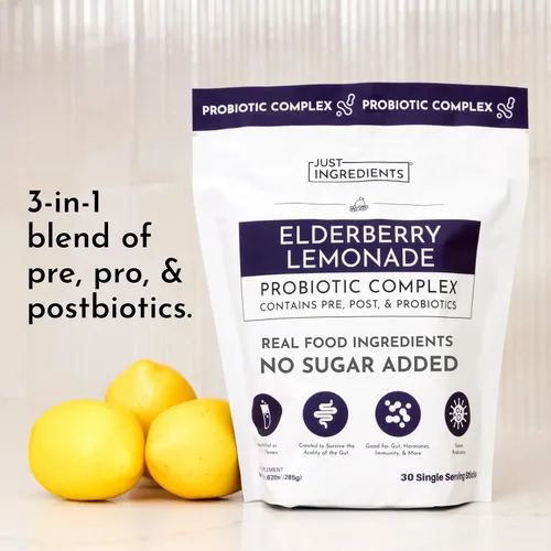 Miniatura 3 de Complejo probiótico 3 en 1 de limonada de saúco – Mezcla para beber de 30 sobres con prebióticos, probióticos y posbióticos – 5 mil millones de UFC