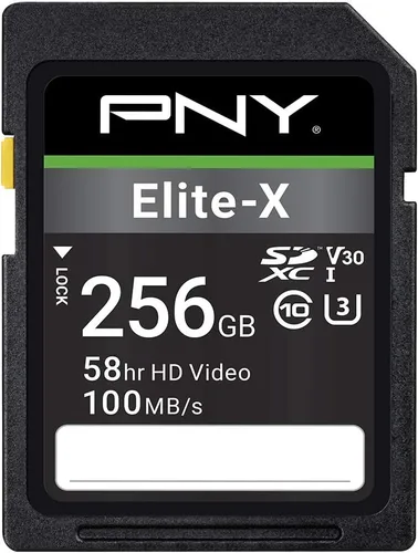 PNY Tarjeta de memoria flash Elite-X Class 10 U3 V30 SDXC de 256 GB, 100 MB/s, clase 10, U3, V30, 4K UHD, Full HD, UHS-I, SD de tamaño completo