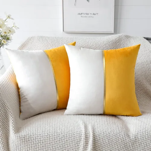 Miniatura 7 de OTOSTAR Fundas de almohada de terciopelo amarillo y blanco con retazo de cuero dorado, lujosas, modernas, minimalistas, cuadradas, para sala