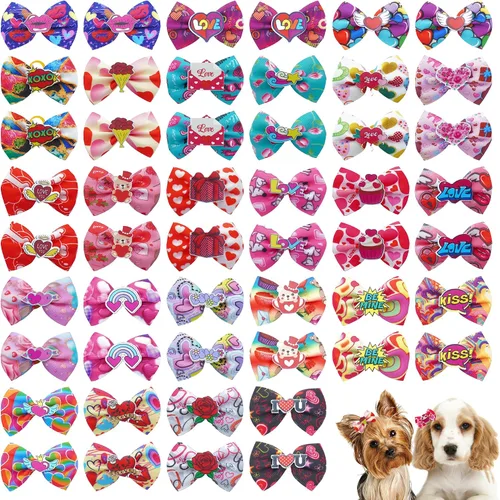 Miniatura 10 de 50 unidades (25 pares) lazos para el pelo de perros pequeños, patrón aleatorio con diamantes de imitación, lazo para el pelo para cachorros, gatos