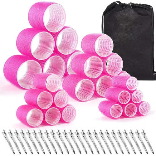 Miniatura 9 de Juego de rizadores de pelo con 24 rodillos (6 jumbo, 6 grandes, 6 medianos, 6 pequeños) y 24 clips para todas las longitudes de cabello (negro)