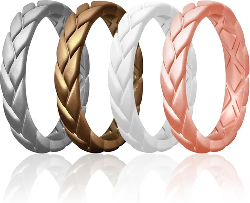 Miniatura 16 de Egnaro Anillos de boda de silicona para ella, conjuntos de novia de goma para mujer, bandas finas, diseño trenzado de hojas apilables con ranuras