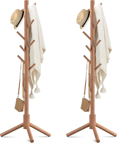 Haddockway Perchero de Madera con 8 Ganchos de Pino de Nueva Zelanda con 3 Niveles Ajustables, Árbol Perchero de Pie de Fácil Montaje para Abrigos,
