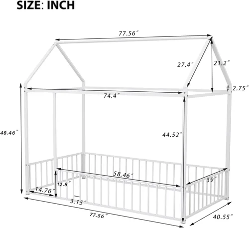 Miniatura 2 de Lakifun Casa de juegos de cama de metal de tamaño individual con barandillas de techo y valla para niños y niñas, marco de toldo Montessori de suelo