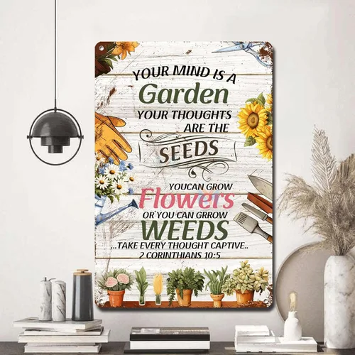 Miniatura 5 de Letrero de metal, letrero de hojalata vintage, arte de pared con texto en inglés "Garden Your Mind Love", arte de pared para jardín, jardín, regalo