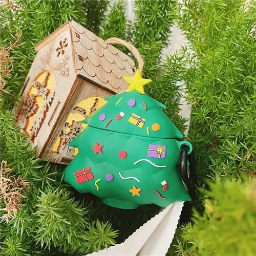Miniatura 2 de Funda de silicona suave para árbol de Navidad con llavero para Apple AirPods 1, 2, 1ª generación, 2016, 2019, modelo de color verde 3D, caricatura
