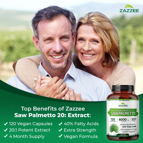 Miniatura 3 de Zazzee Extracto de Saw Palmetto 20:1 Extra Fuerte, 6000 mg de Fuerza, 40% Ácidos Grasos, 120 Cápsulas Veganas, Suministro de 4 Meses, Extracto