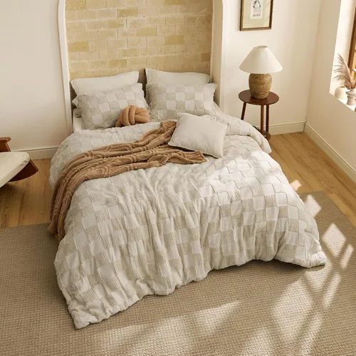 Miniatura 6 de Bedsure Juego de Edredón Tamaño Queen Beige, Juego de Cama Boho con Mechones, Ropa de Cama a Cuadros Estilo Granja Shabby Chic, 3 Piezas, 1 Edredón