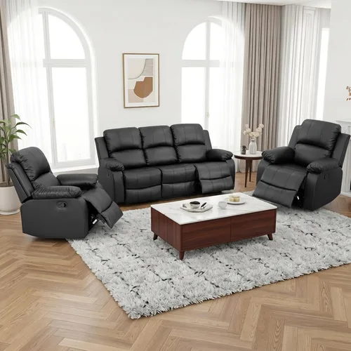 Miniatura 18 de Faux Leather Manual Recliner Sofa Set, 3 Piece Living Room Furniture Set, Loveseat Reclining Couch and 2 Recliner Chairs for RV Home Theater (Black)