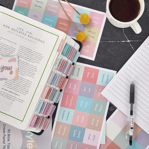 Miniatura 3 de Pestañas de la Biblia en colores pastel crema, pestañas laminadas de la Biblia para mujeres y niñas, 90 pestañas de la Biblia del Antiguo y Nuevo