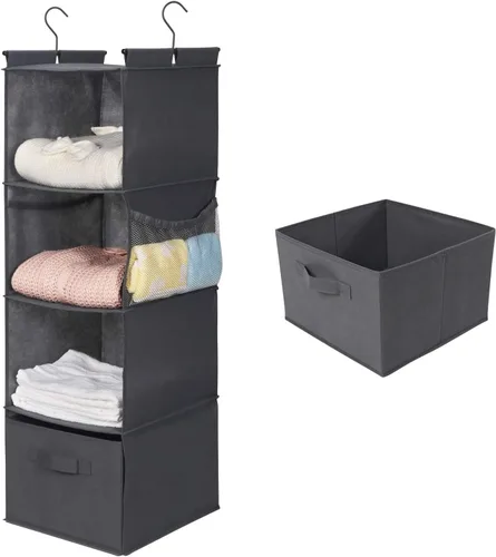 MAX Houser Organizador de armario colgante de 4 estantes, ahorro de espacio, estantes colgantes de tela con 2 bolsillos laterales, plegable (gris)