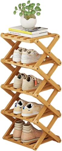 Miniatura 6 de YYW Zapatero de bambú para entrada, organizador vertical de almacenamiento de zapatos plegable y sin instalación, estantes para zapatos, estante