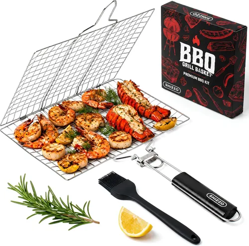 SHIZZO Juego de cestas de parrilla poco profundas, accesorios para parrilla, barbacoa de acero inoxidable, plegable, portátil, estante para acampar
