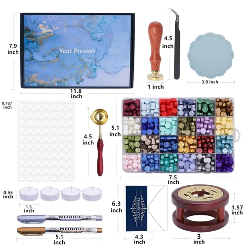 Miniatura 6 de SWANGSA Kit de sellado de cera con caja de regalo, 24 colores, 700 cuentas de cera de sellado con sello de eucalipto, horno, bolígrafo, tarjetas