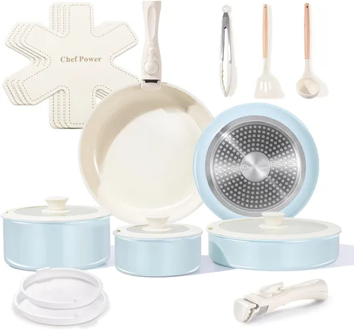 Miniatura 9 de Chef Power - Juego de ollas y sartenes antiadherentes de cerámica de 19 piezas con mango desmontable, juego de ollas y sartenes apto para inducción