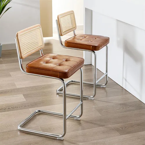 Miniatura 3 de ONEVOG Juego de 3 taburetes de bar de 26 pulgadas de altura de mostrador para cocina, modernas sillas tapizadas de ratán de mediados de siglo