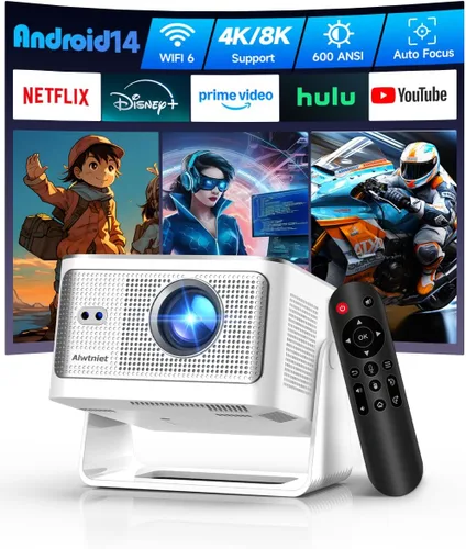 Proyector Mini Android 14 con Soporte 4K 8K, Proyector Inteligente con Wifi y Bluetooth, 600 ANSI, Enfoque Automático y Keystone, Evitción de