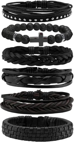 MILAKOO Pulsera de cuero trenzado para hombres y mujeres, ajustable, color negro y marrón