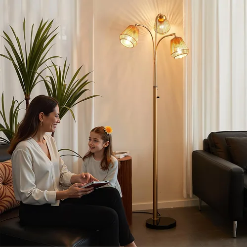 Miniatura 7 de Lámpara de pie dorada de ratán para sala de estar, lámpara de pie boho de 72 pulgadas de alto con interruptor giratorio, lámpara de arco de 3 luces