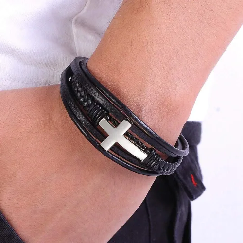 Miniatura 2 de Pulsera de cuero para hombre, accesorios emo, pulseras para parejas, pulseras de cruz de amistad, regalo de joyería hippie para hombres pulseras