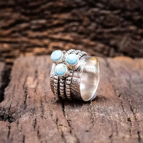 Miniatura 4 de Natural Larimar Spinner Ring – 925 Sterling Silver Handmade Gemstone Ring, Unique Statement Jewelry, Fidget Anxiety Ring, Protection & Worry Ring