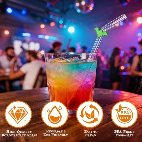 Miniatura 3 de Pajitas de cristal hechas a mano con dije de murciélago – Pajitas de borosilicato dobladas reutilizables de 9 pulgadas para vasos de 16 oz/20 onzas
