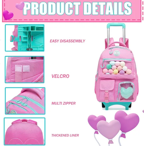 Miniatura 4 de Mochila con ruedas para niñas, mochila con ruedas, mochilas para primaria con lonchera y equipaje, Rosado, Estética