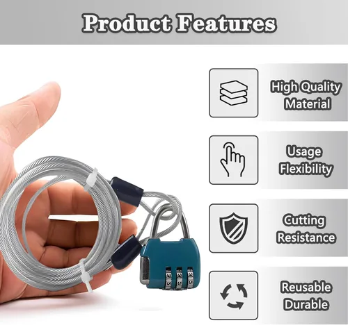 Miniatura 4 de Cuerda de cable con doble bucle, bloqueo de cable de seguridad, cable de seguridad recubierto de vinilo de acero, bloqueo de equipaje de 3.3 pies x