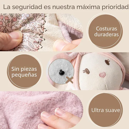 Miniatura 7 de Moonkie Manta de seguridad para bebé con mordedor de silicona, manta de conejo con cintas texturizadas, juguetes crujientes, terciopelo de minky Rosa